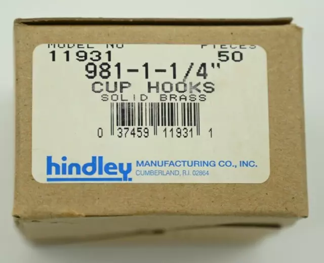 Box of (50) Hindley 981-1-1/4" Solid Brass Cup Hooks 11931