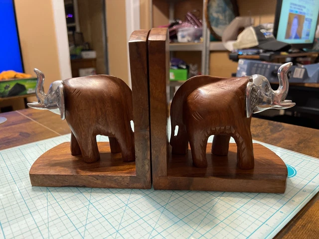Hand Carved Wooden Elephant Book Ends w/Silver Heads, Pre-owned in VG Cond.