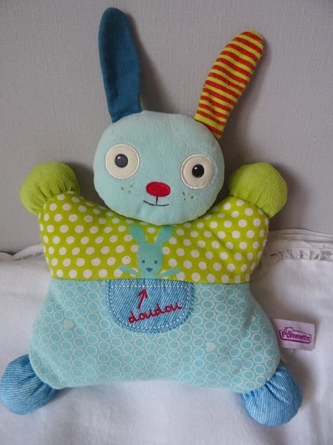 Doudou Lapin Pommette Corps Carre  30 Cm Brode Doudou Bleu Vert