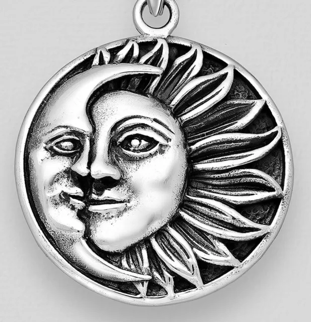 Solid Sterling Silver Kissing Sun & Moon Pendant 36mm=1.4" Happiness 6.43g