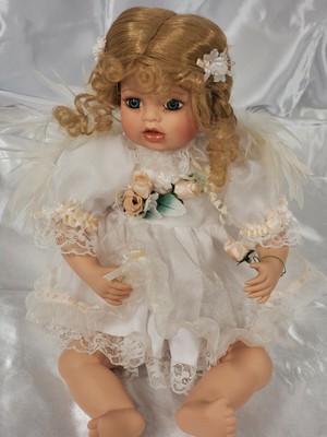 Franklin Heirloom ? Dolls Porcelain Angel blonde curly hair blue eyes teeth 15"