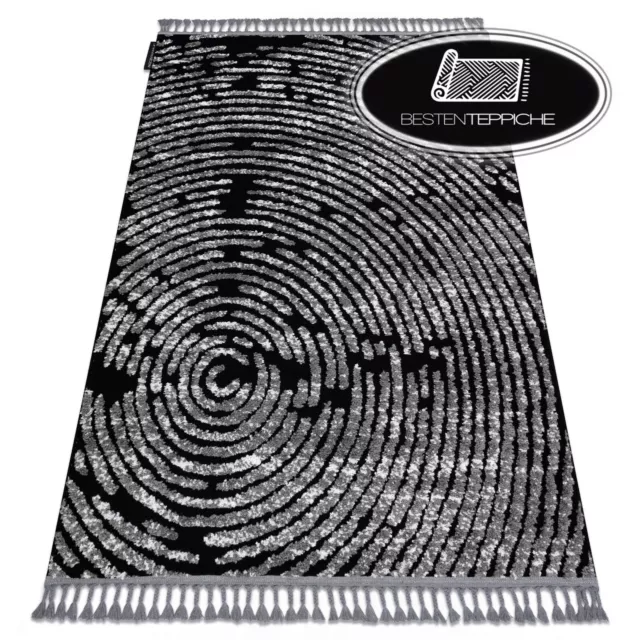 Modern Fringe Thick Shaggy Carpet " Maroc " Fingerprint Circles Black White