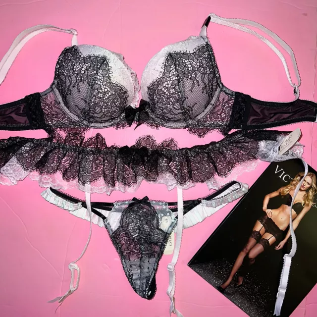 Victoria's Secret 32A BRA SET s thong White black chantilly lace
