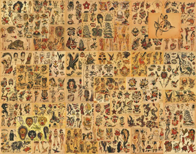 Flash de tatuaje de estilo vintage tradicional Sailor Jerry 50 hojas 11x14" de la vieja escuela