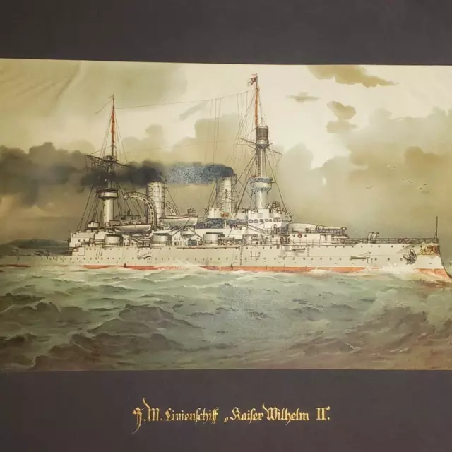 WW1 German Battleship Imperial Navy SMS Wilhelm II Marine war print original old