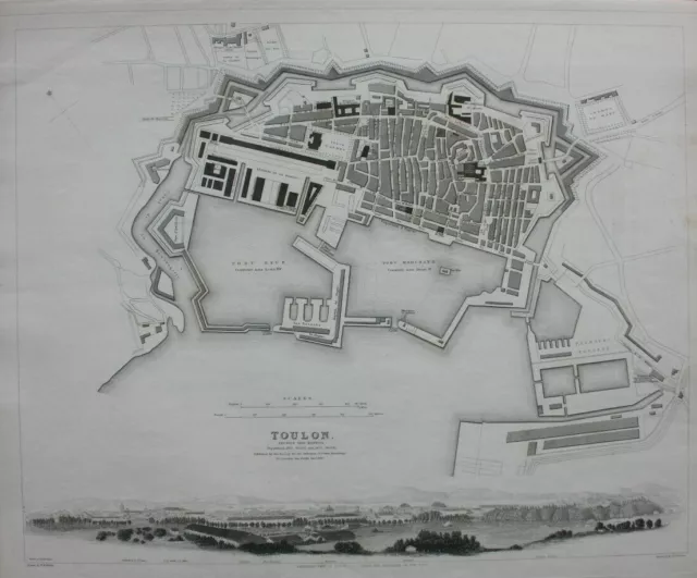 TOULON CITY PLAN, FRANCE, original antique map, SDUK, 1844