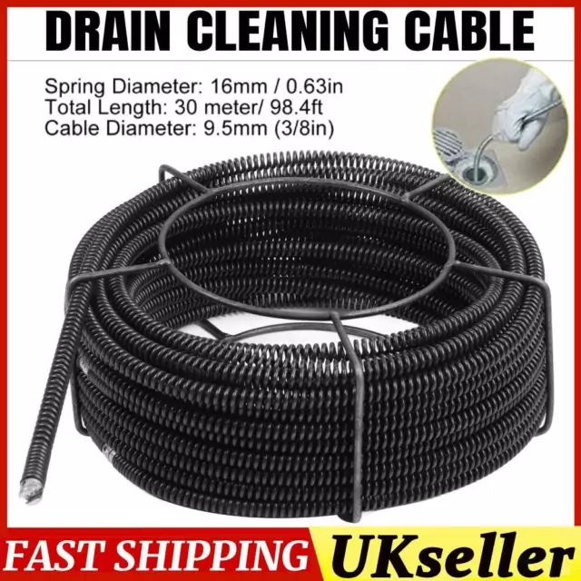 30m Drain Unblocking Auger Tool Plumbers Snake Toilet Sink Pipe Cleaning UK