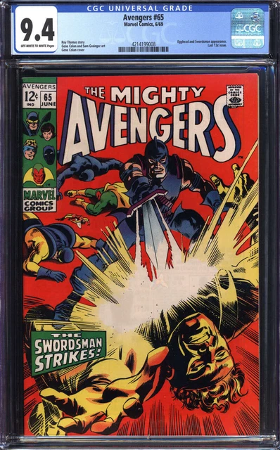 AVENGERS #65 CGC 9.4 OW/WH PAGES // LAST 12c ISSUE MARVEL COMICS 1969