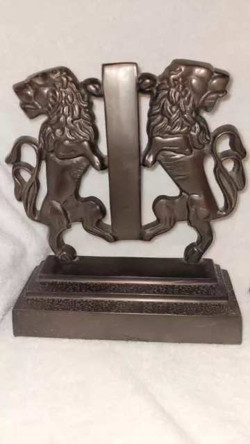 Pair Of Cast Iron Regal Lions Bookends Heavy Large 8"×8.5" Bronze Finish 2