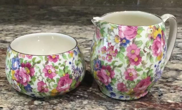 ROYAL WINTON GRIMADES SUMMERTIME England CREAMER N OPEN SUGAR w GOLD TRIM