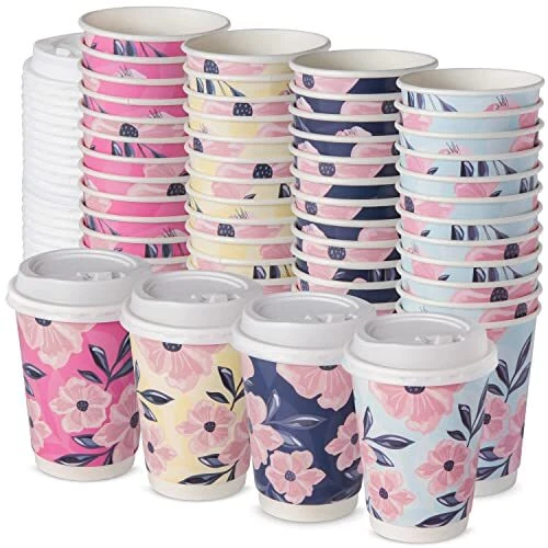 48 Floral Disposable Coffee Cups with Lids – 12 oz Double Walled Insulated