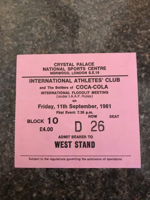 International Athletics Ticket : Coca Cola Int. at Crystal Palace 11th Sept 1981