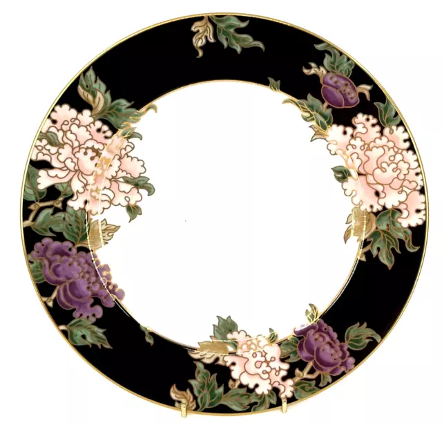 Fitz & Floyd Cloisonne Peony Black 10 1/4 in Dinner Plate Gold Trim Floral