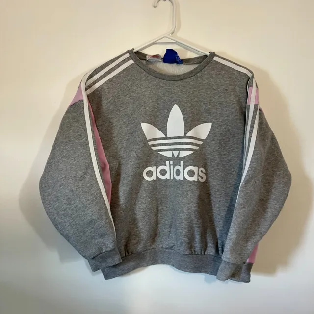 Felpa pullover con logo classico Adidas ragazze 11-12 anni rosa/grigio a righe