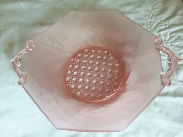 1930s Pink Depression Lancaster Glass (Sunshine) Handled Octagon Shape Bowl