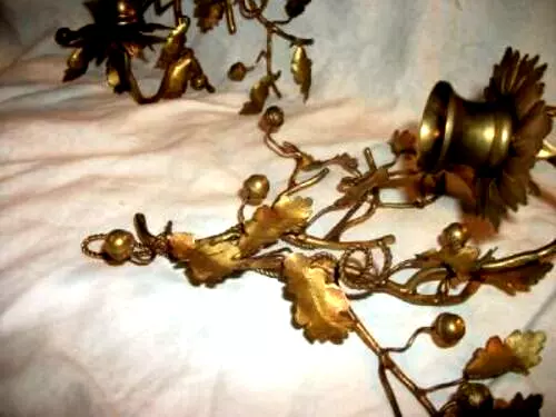 French Bronze Ormolu Candle Sconces Petite Oak Leaf Acorn Rope Twist Brass Cups 3