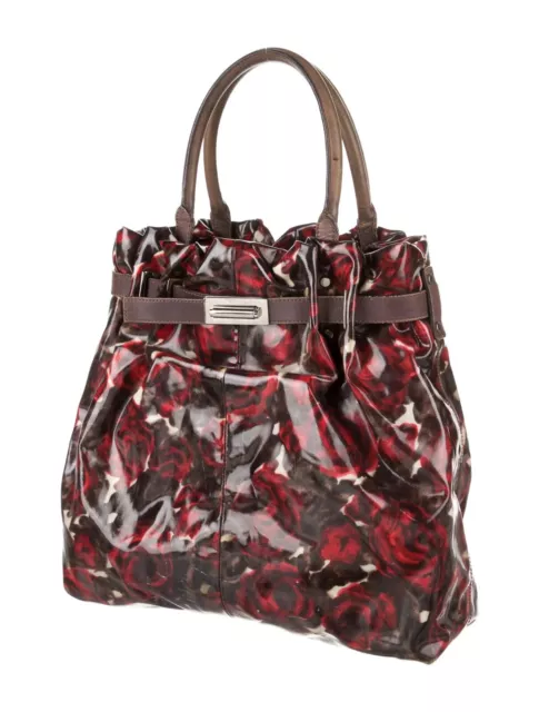 Lanvin Red  Floral  Vinyl Brown Leather Trimmed Shoulder Bag Tote Large 3