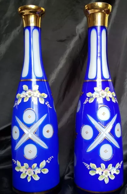 Stunning Cobalt Cut-To-Clear Moser Bohemian 13" Enameled Crystal Vases/Decanters