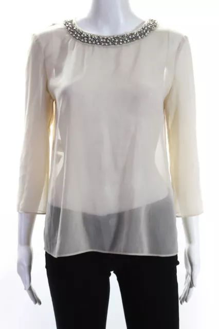 Rachel Rachel Roy Womens Long Sleeve Crystal Boat Neck Blouse Beige Size Small