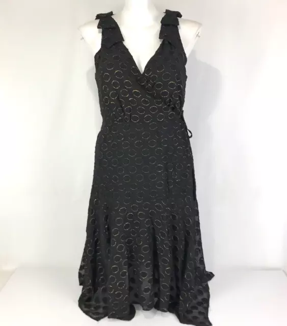 Jane Lamerton Dress Black Size 16 Gold Dot Sleeveless Faux Wrap Cocktail Evening