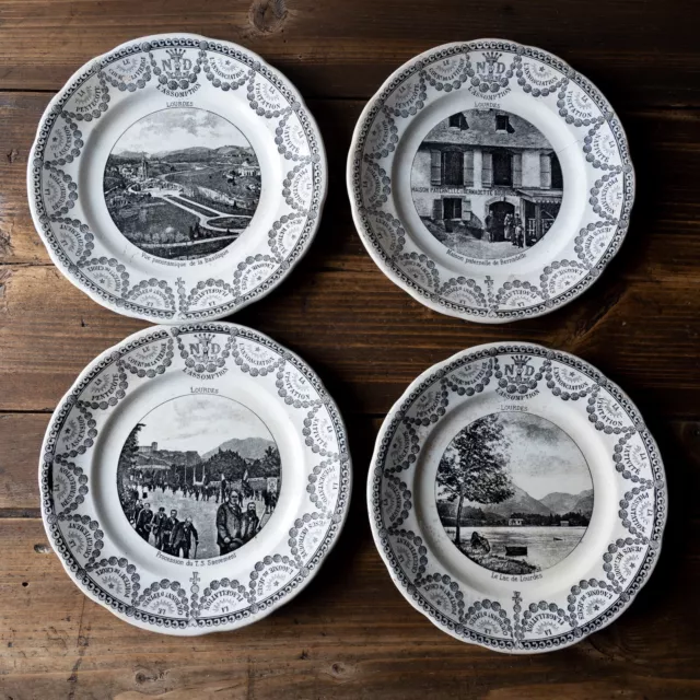 Lot de 4 Assiettes anciennes grisaille Digoin Sarreguemine Lourdes chrétien