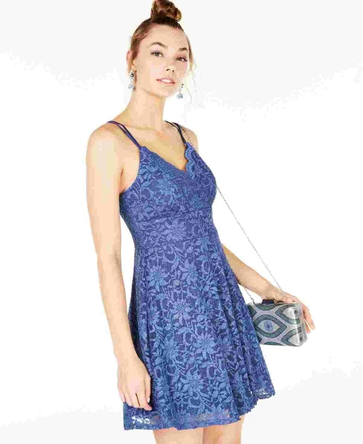 Teeze Me Junior's Metallic Lace Fit & Flare Dress Blue Size 9