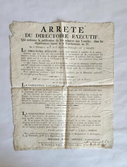 Affiche placard ARRETE Lois concernant la LOTERIE