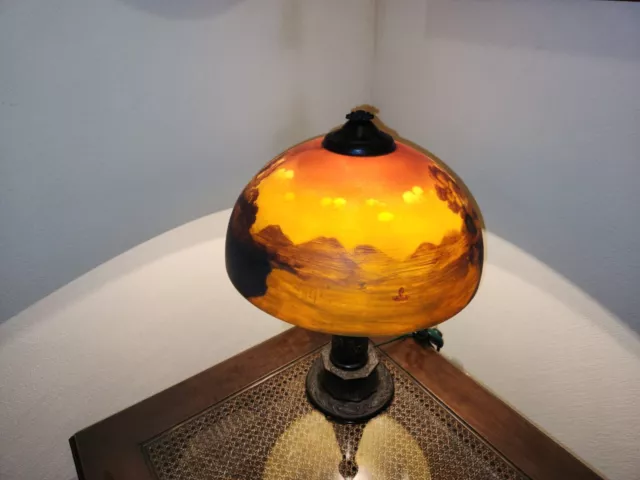 Antique  Reverse Hand Painted Glass Shade & table Lamp  Pairpoint style 1909 2