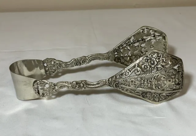 Vintage Rossi Italy Openwork Silverplate Flowers & Birds Pastry Serving Tongs