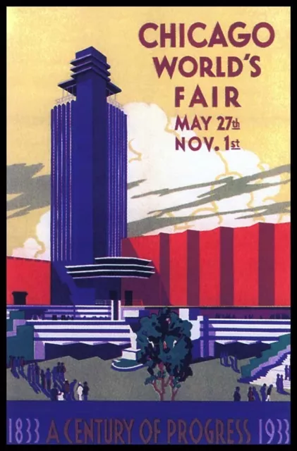 1933 Chicago Worlds Fair Expo Blue Science Pavilion Card Art Deco Poster 319367