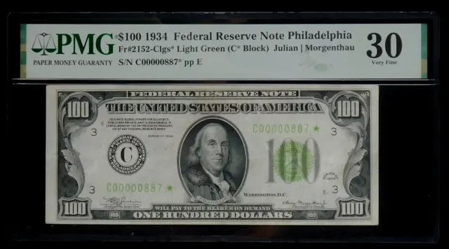 1934 $100 Federal Reserve *Star Note Philadelphia PMG VF30 Fr-2152-Clgs* B5825