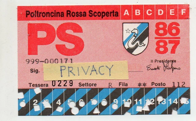 Tessera Abbonamento Stagione Calcistica 1986 / 1987 - F.C. INTER Stadio San Siro