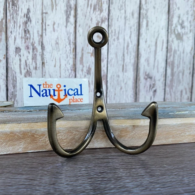 Metal Fish Hook Double Wall Hook - Antique Brass Finish - Towel Hanger, Coat, Ha