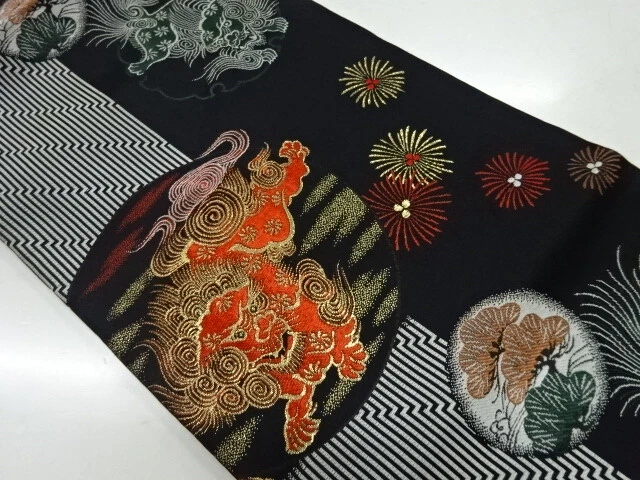 83358# JAPANESE KIMONO / ANTIQUE NAGOYA OBI / TAISHO ROMAN STYLE / WOVEN LION &a