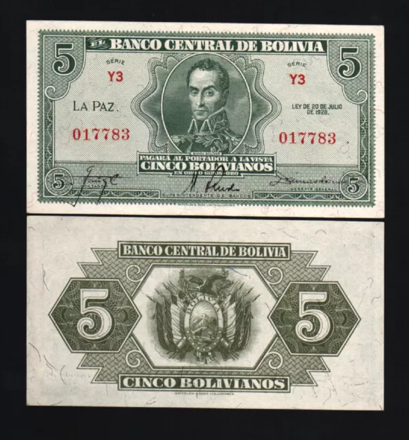 Bolivia 5 Bolivianos P-129 1928 Waterloo Horse Simon Bolivar Unc Latino Banknote