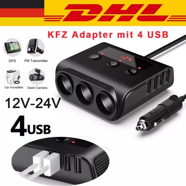 LKW Auto KFZ Adapter 12V 24V 3Fach Zigarettenanzünder Verteiler 4 USB Steckdose