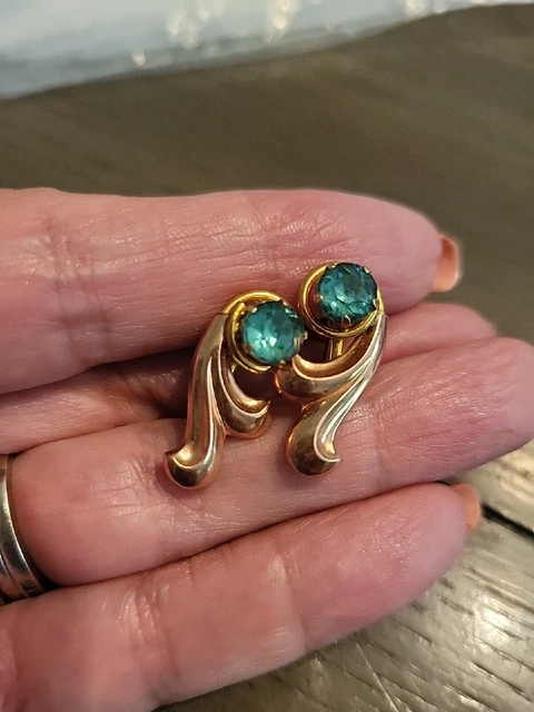 Vintage Signed Van Dell Blue  Rhinestone 12k GF Screw Back Earrings Ut167