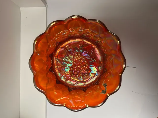 Vintage Fenton Orange Carnival Glass Marked Raised Grape Bowl Nappy 6in Diameter