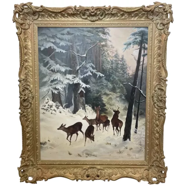 Oil Painting Wild Animals Herd Roe Deer & Stag In Winter Snow Forest Woodlands