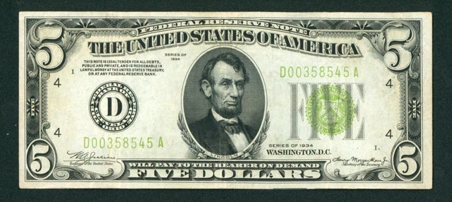 $5 1934 LGS LIME ((LIGHT GREEN SEAL)) Federal Reserve Note CURRENCY AUCTIONS 2
