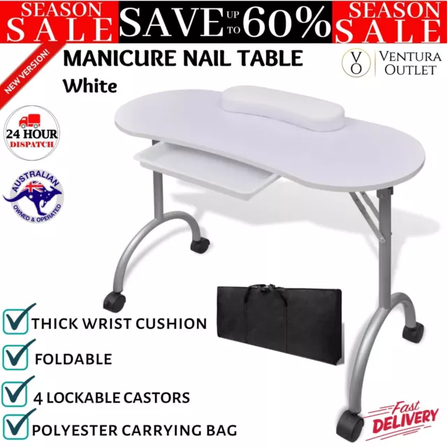 Folding Manicure Nail Table with Castors Thick Cushion and Drawer Portable White