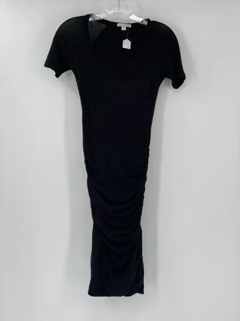 James Perse Black Stretch  Ruched Midi Bodycon Dress Sz 0/XS