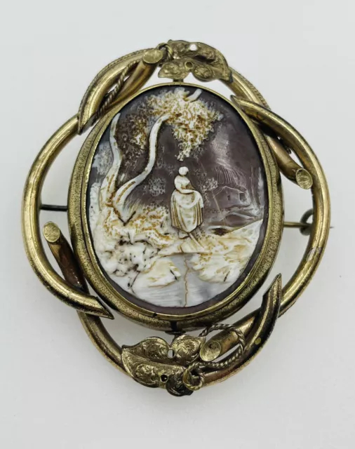 Antique Victorien or Rempli Cameo Pivot Peint Portrait Rare Broche