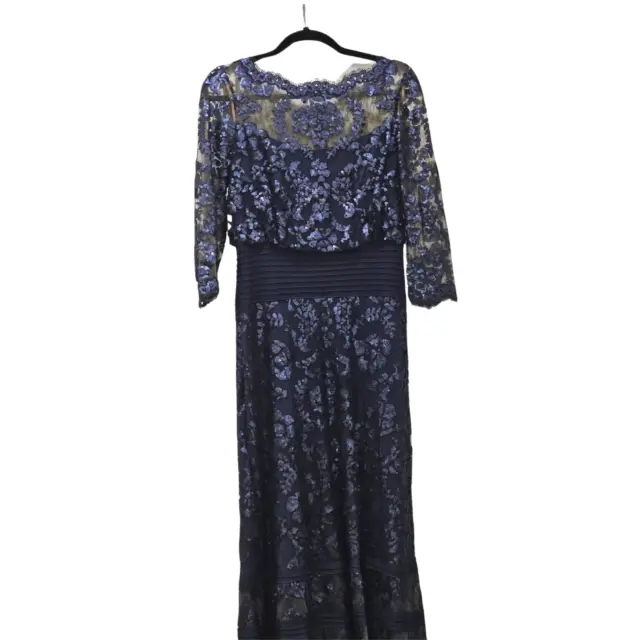 Tadashi Shoji Navy Blue Sequin Lace Belted Ball Gown with Gathered Waist