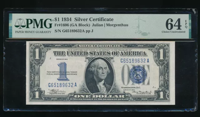 1934 Silver Certificate Dollar $1 Fr#1606 ~ Pmg 64 Choice Uncirculated~ Free S/H
