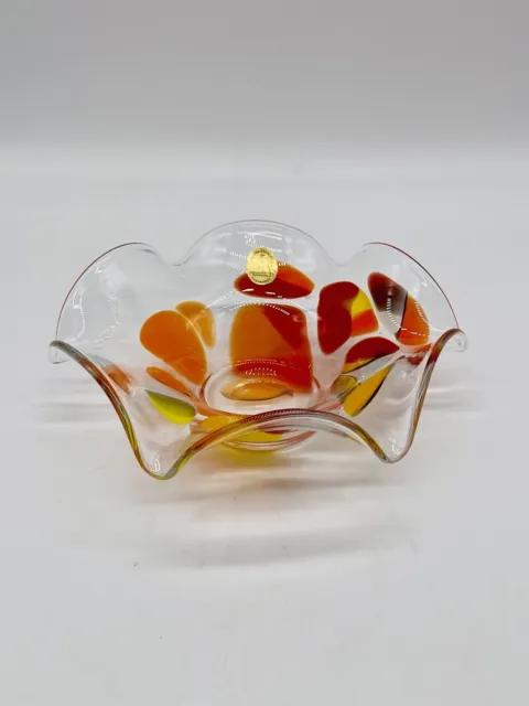German Hand Blown Art Glass Fused Glass Bowl Black Forest Vintage 7” Wide
