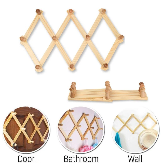 Fold Shelf Expandable Coat Hooks Hat Closet Hook Clothes Hanger Natural Wood