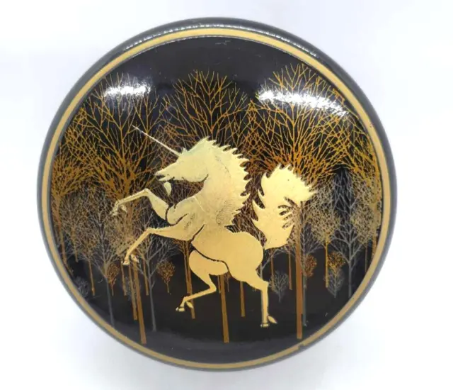 Otagiri Unicorn Trinket Jewelry Box Lacquerware Black Gold Signed - VINTAGE