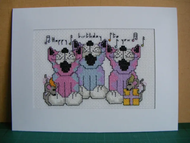 Lovely Completed Cross Stitch Birthday Card of Three Cats singing Happy Birthday