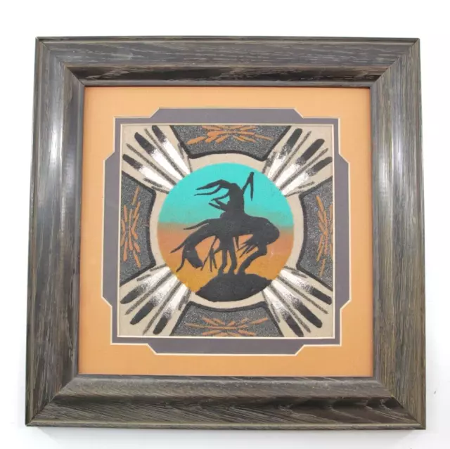 Navajo Sand Painting End of the Trial Warrior Horse Frame Signed Native American